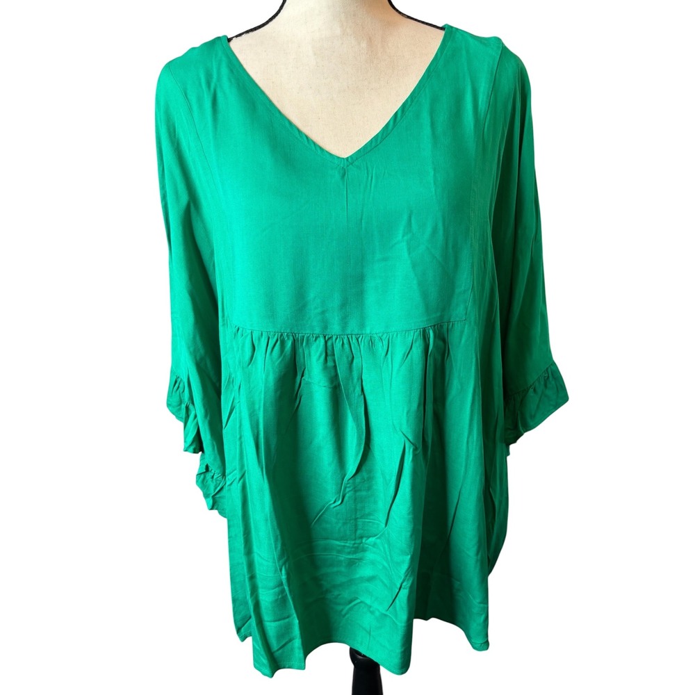 Andree by Unit Green Babydoll Tunic Top V-Neck Ruffle Sleeve Blouse 2X NWT